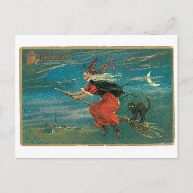 Postal Halloween anticuado, bruja con gato negro (Anverso)
