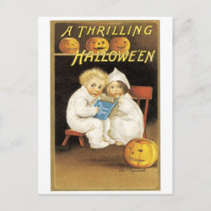Postal Halloween anticuado, chico y Chica