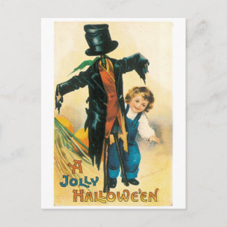 Postal Halloween anticuado, espantapájaros y niños