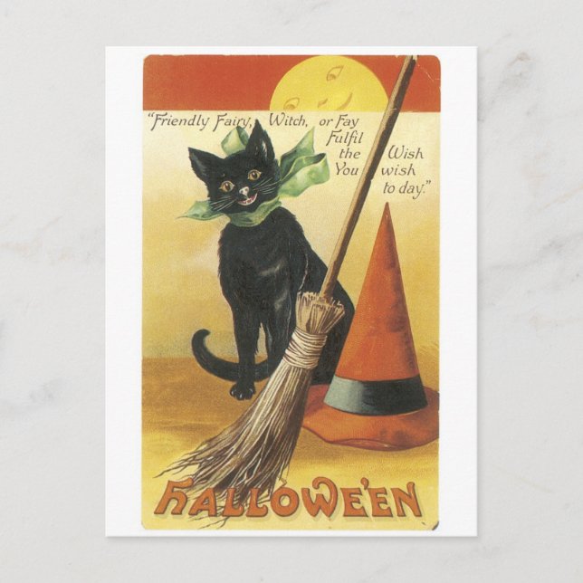 Postal Halloween anticuado, gato negro (Anverso)