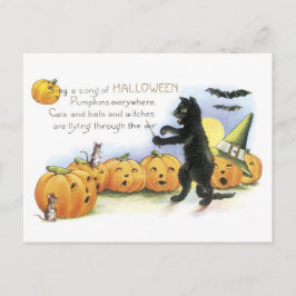 Postal Halloween anticuado, gato negro y calabazas