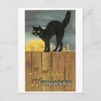 Postal Halloween anticuado, gato negro y luna llena
