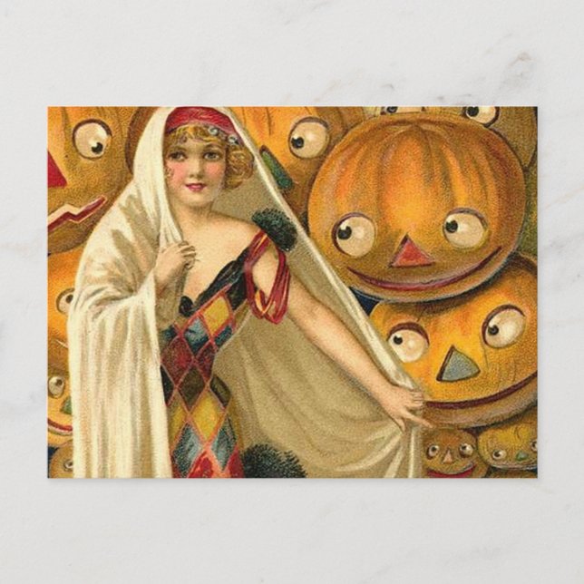 Postal Halloween antiguo Jack O Lantern Costume mujer (Anverso)