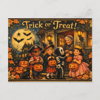 Postal Halloween antiguo niños con disfraces