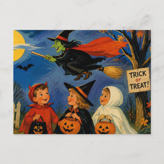 Postal Halloween antiguo niños y bruja volando