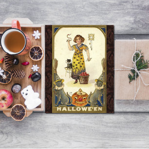 Postal Halloween antiguo preparándose para la fiesta