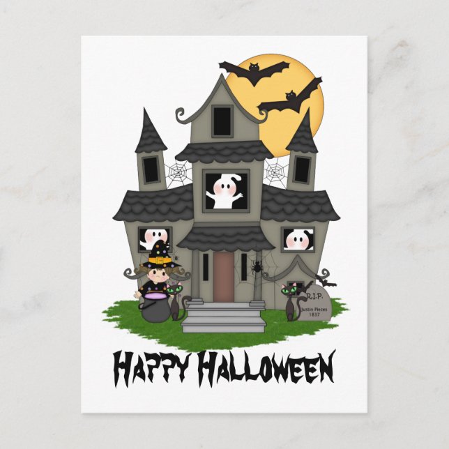 Postal Halloween atormentó la casa y la pequeña bruja bla (Anverso)