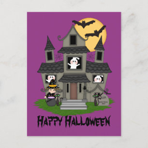 Postal Halloween atormentó la casa y la pequeña bruja mor