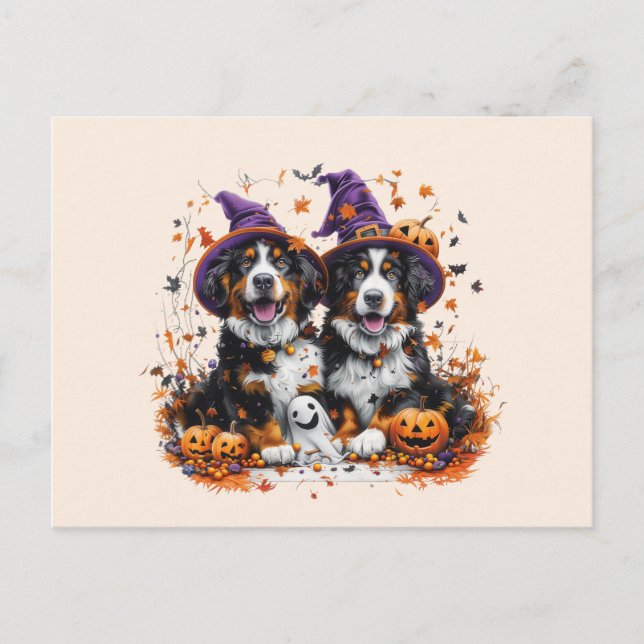 Postal Halloween Bernese Mountain Dogs Witch Ghost (Anverso)