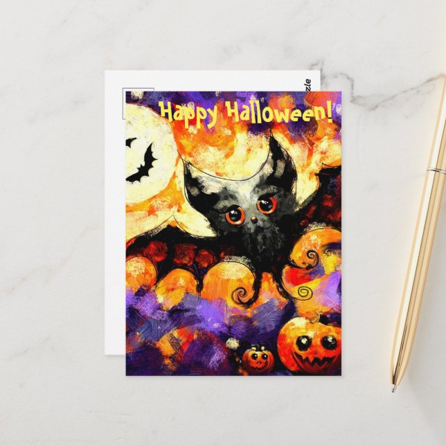 Postal Halloween Big Eye Bat Moon Jack-o-Lantern Bats (Anverso/Reverso In Situ)