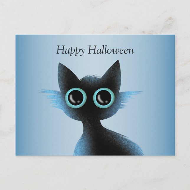 Postal Halloween Big Eyes Black Blue Evil Cat (Anverso)
