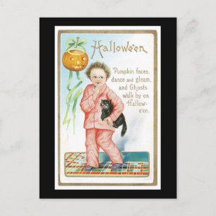 Postal Halloween Black Cat and Boy