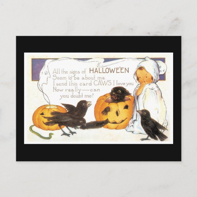 Postal Halloween Black Cat, Child and Crow (Anverso)