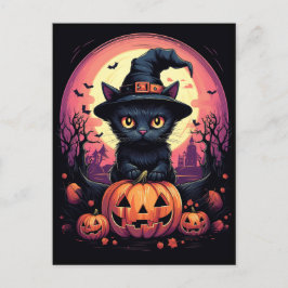 Postal Halloween Black CAT con Calabaza y GORRA de Brujas