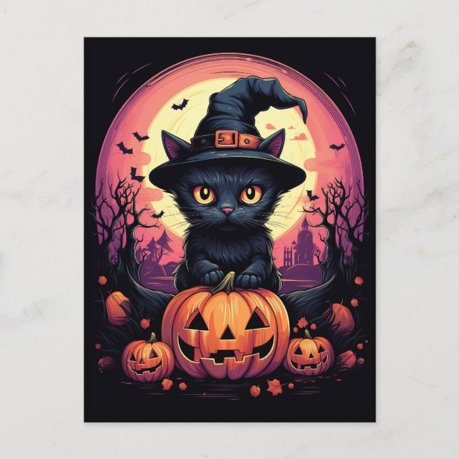 Postal Halloween Black CAT con Calabaza y GORRA de Brujas (Anverso)