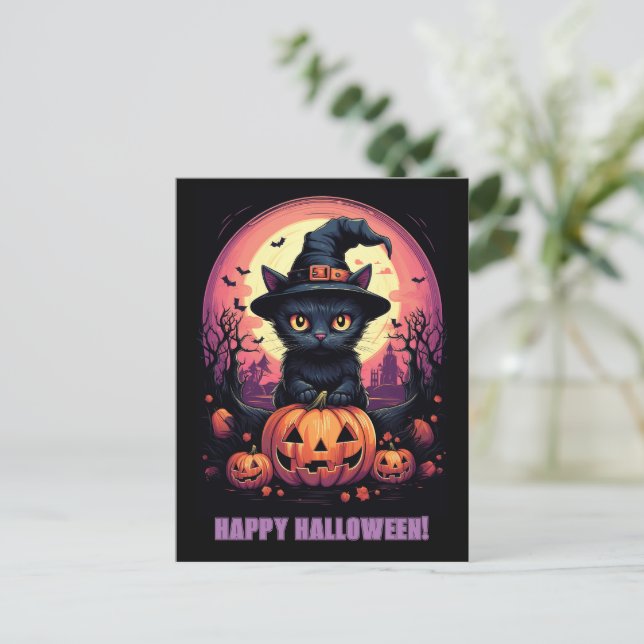 Postal Halloween Black CAT con Calabaza y GORRA de Brujas (Anverso de pie)