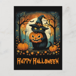 Postal Halloween Black Cat Creepkin Calabaza Llena de Lun