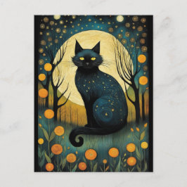 Postal Halloween Black Cat Forest Floral Full Moon