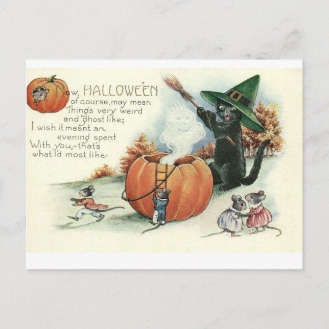 Postal Halloween Black Cat Kitten Mice Mouse Postcard (Anverso)