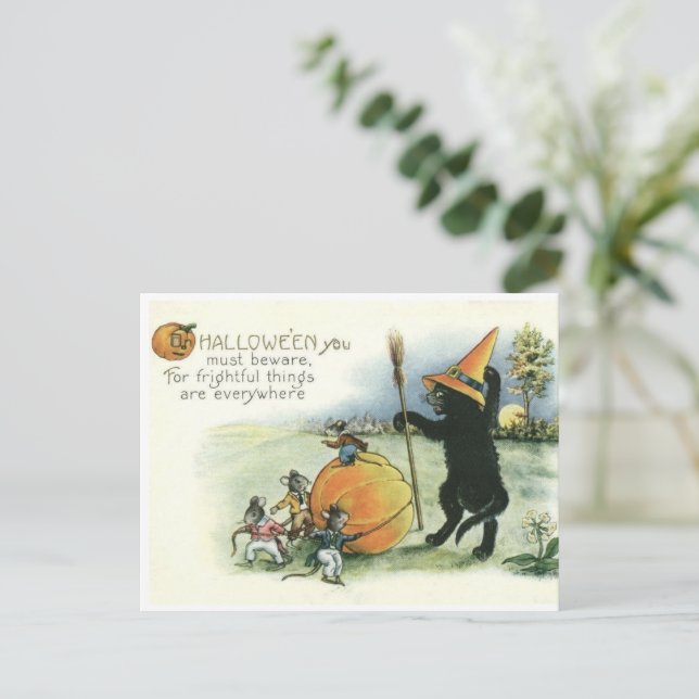 Postal Halloween Black Cat Kitten Mice Mouse Postcard (Anverso de pie)