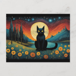 Postal Halloween Black Cat Mountain Lakeside Luna Llena