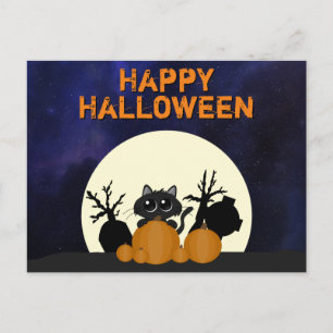 Postal Halloween Black Cat Pumpkins Graveyard Full Moon