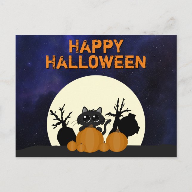 Postal Halloween Black Cat Pumpkins Graveyard Full Moon (Anverso)