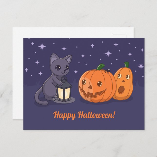 Postal Halloween Black Cat Pumpkins Lantern Purple (Anverso / Reverso)