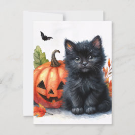 Postal Halloween Black Kitten con Jack-o-lantern
