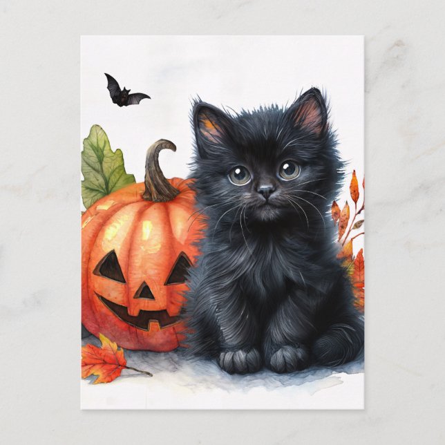 Postal Halloween Black Kitten con Jack-o-lantern (Anverso)