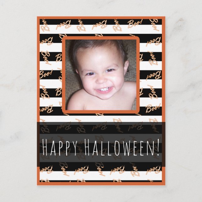 Postal Halloween Black White Stripes Moderno Boo Photo (Anverso)