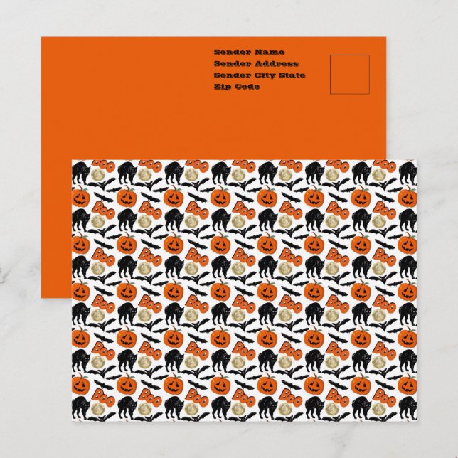 Postal Halloween Boo Bats Calabaza De Gatos Y Dibujo De L (Anverso / Reverso)