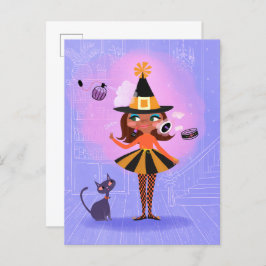 Postal Halloween Brown Hair Witch Lavender & Pink