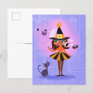 Postal Halloween Brown Hair Witch Lavender & Pink