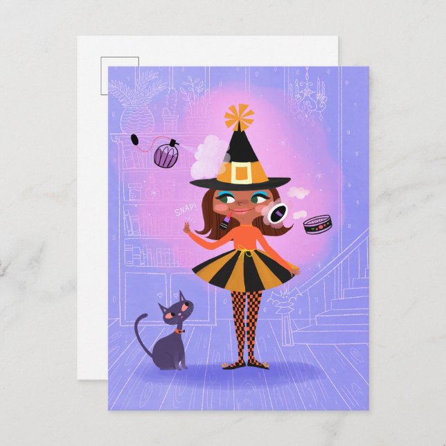Postal Halloween Brown Hair Witch Lavender & Pink (Anverso / Reverso)