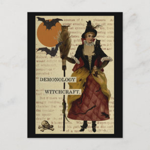 Postal Halloween Bruja Bats Moon Owull Skull