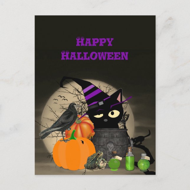 Postal Halloween Bruja Gato Negro Para Niños Postcard (Anverso)
