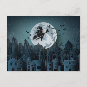 Postal Halloween Bruja recortada sobre la ciudad