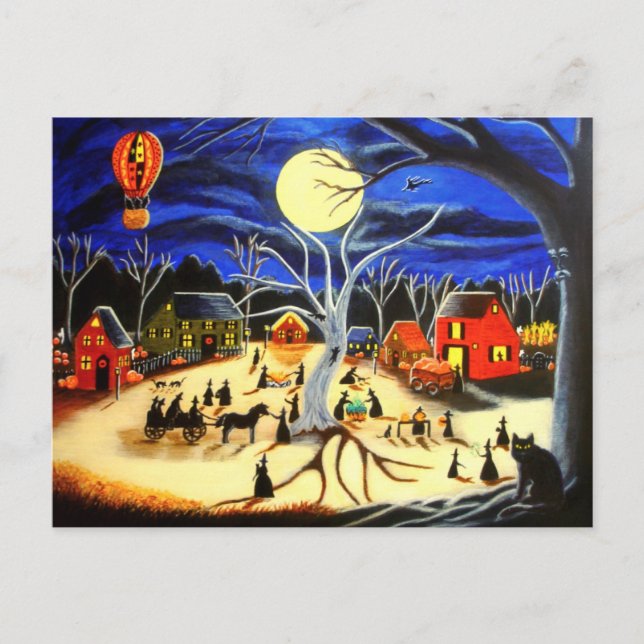 Postal Halloween, brujas, negro, gato, caliente, globo de (Anverso)