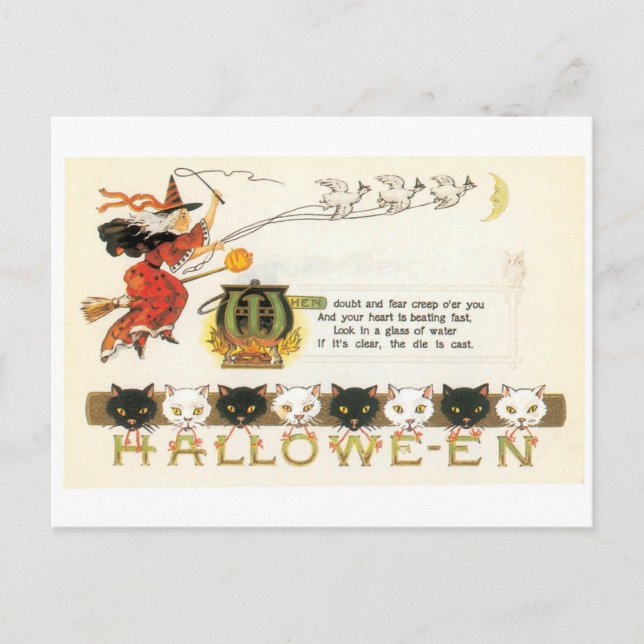 Postal Halloween, brujas y gatos a la antigua (Anverso)