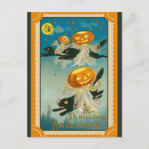 Postal Halloween Calabaza Antiguo Gato Negro