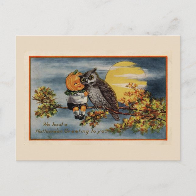 Postal Halloween Calabaza Chico Rama de árbol de búho Moo (Anverso)