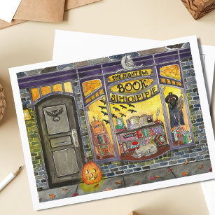Postal Halloween Cat and Book Shop