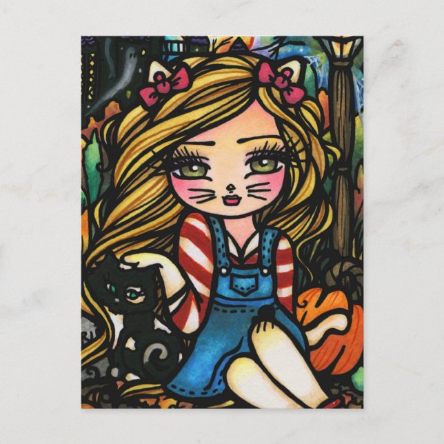 Postal Halloween Cat embrujada arte de fantasía Chica de  (Anverso)