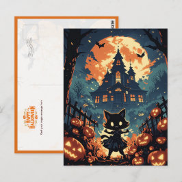 Postal Halloween Cat Girl at the Haunted House