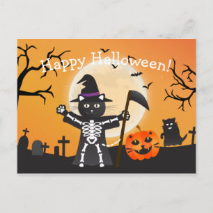 Postal Halloween Cat Grim Reaper