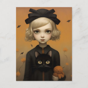 Postal Halloween Chica con gato