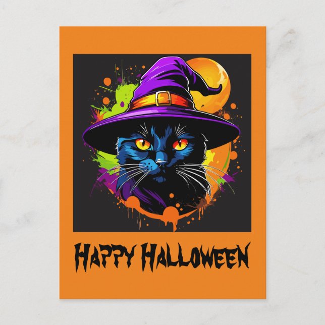 Postal Halloween Colorful Majestic Gato negro (Anverso)