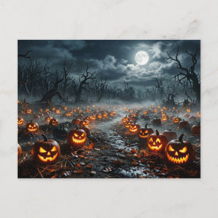 Postal Halloween con árboles espeluznantes y Jack O Lante