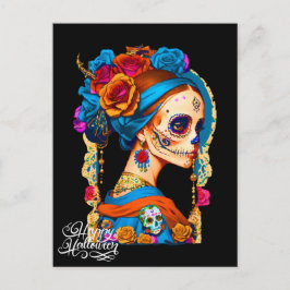 Postal Halloween con cráneo de azúcar, Día de los Muertos